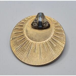 Vintage Gold Tone Sunburst Brooch Blue Baguette Rhinestone Art Deco Style